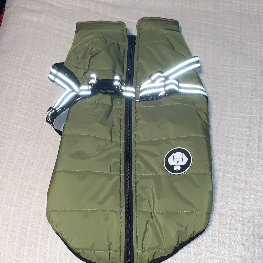 Olive Green Dog Winter Coat with Reflective Straps